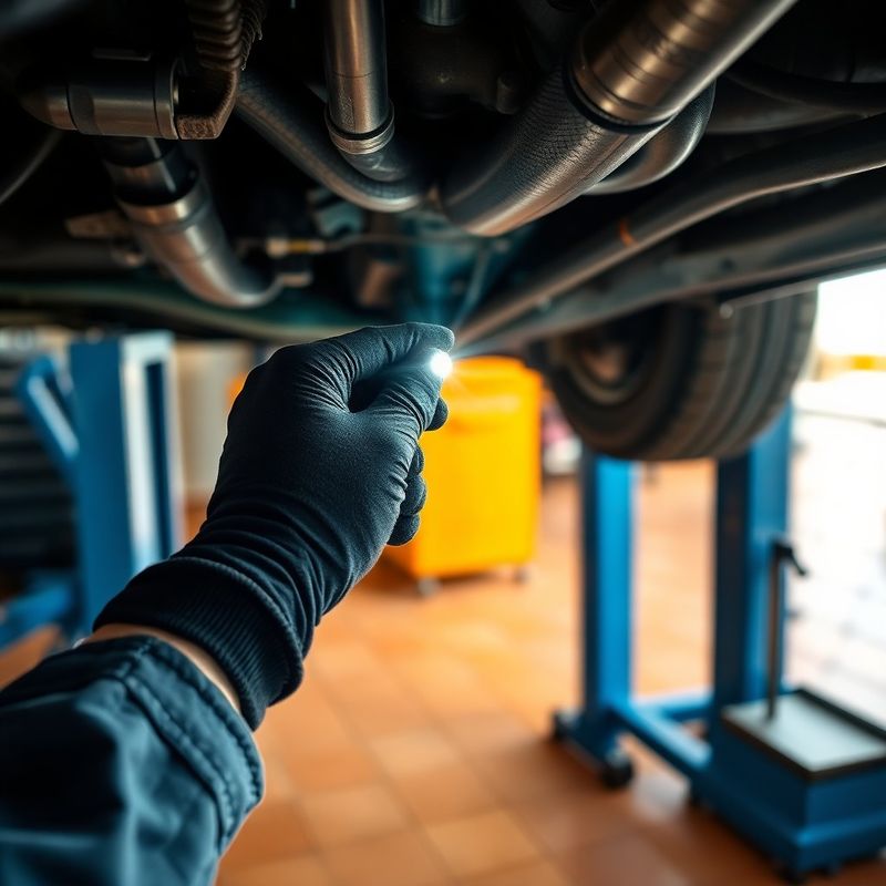 Mecánico inspeccionando los bajos de un vehículo con linterna